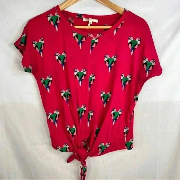 MAJE Womens Parrot Shirt Top Size 2 Small Short Sleeve Pink Tie Knot Boho Beachy - Picture 1 of 8